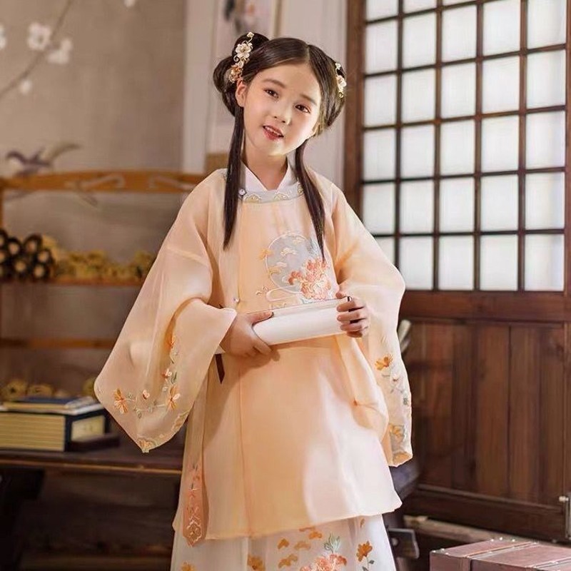 汉服女童装阮月圆领大襟衫中国风儿童汉服连衣裙小女孩宝宝唐装秋