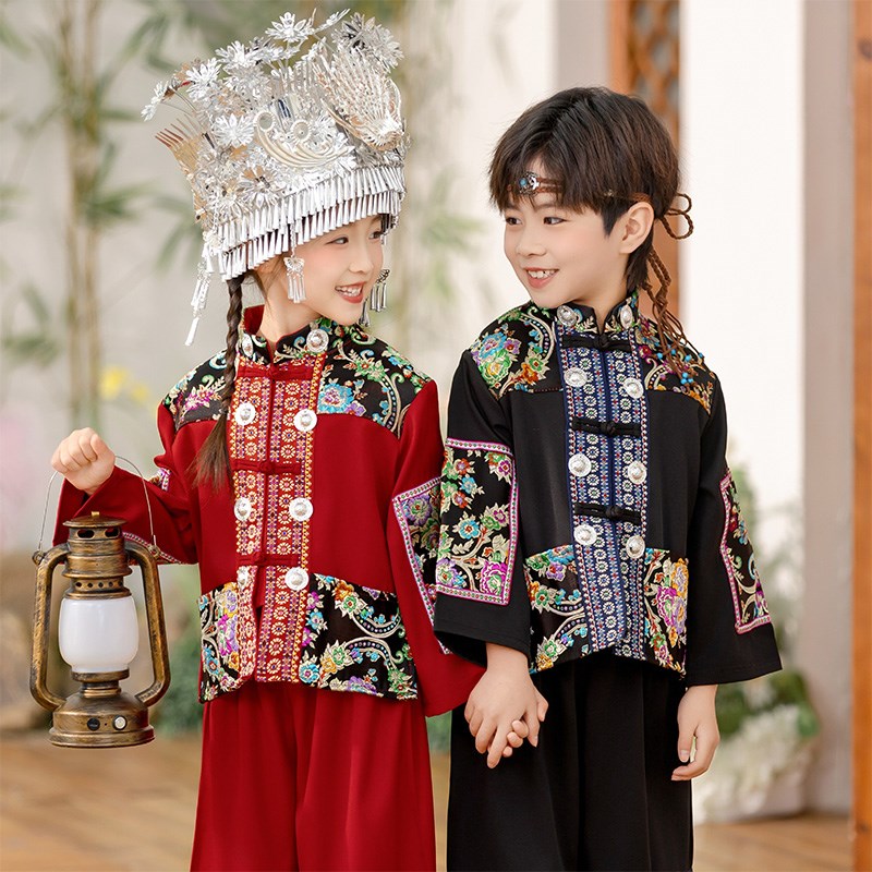 男童少数民族服装春秋三月三女童壮族苗族汉服唐装儿童演出服套装