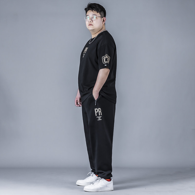 短袖套装男宽松春夏季潮休闲大码男装加肥加大胖子T恤长裤两件套