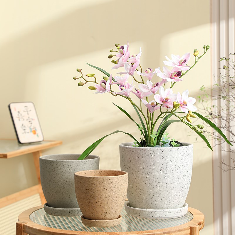 陶瓷花盆家用透气带托盘客厅简约粗陶仙人球创意长寿花发财树盆栽