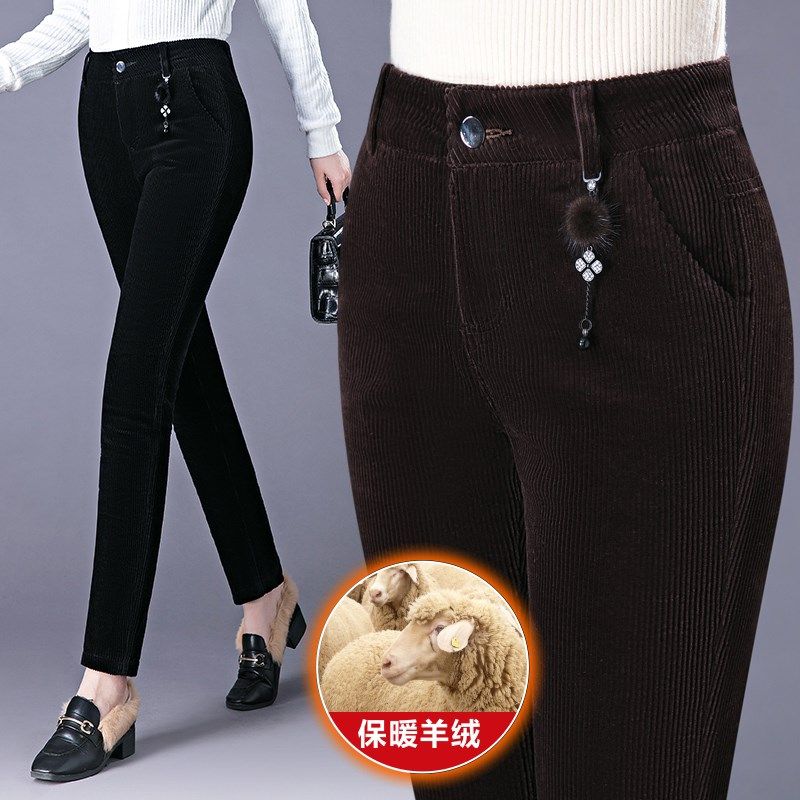 灯芯绒裤子女冬季外穿条绒加厚保暖妈妈休闲裤高腰弹力灯芯绒女裤
