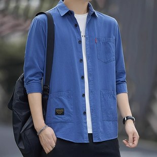 男士七分袖衬衫夏季纯棉短袖夏装男工作服五分袖衬衣男装休闲外套