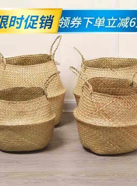 北欧草编花盆海草编织花盆藤编花盆花篮藤编手提花盆套家居装饰
