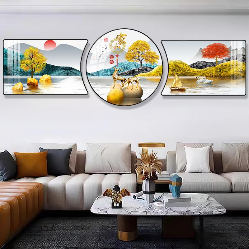 客厅装饰画 画福禄双全壁画 画现代轻奢大气三联画 画寓意好沙发