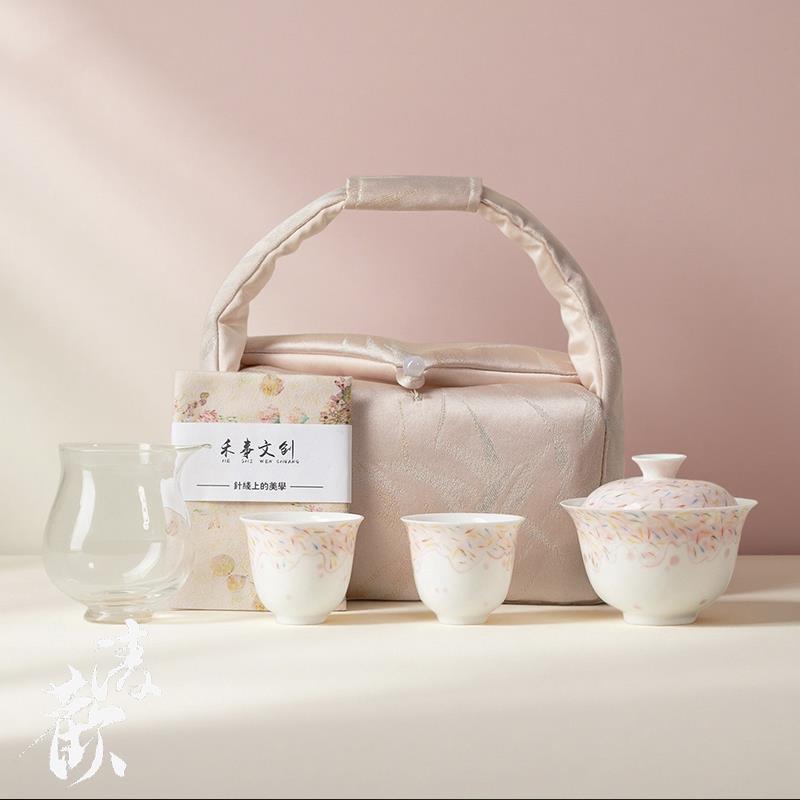清欢丨手绘竹影浅粉一盖碗两杯套组茶事包户外收纳旅行便携装茶具