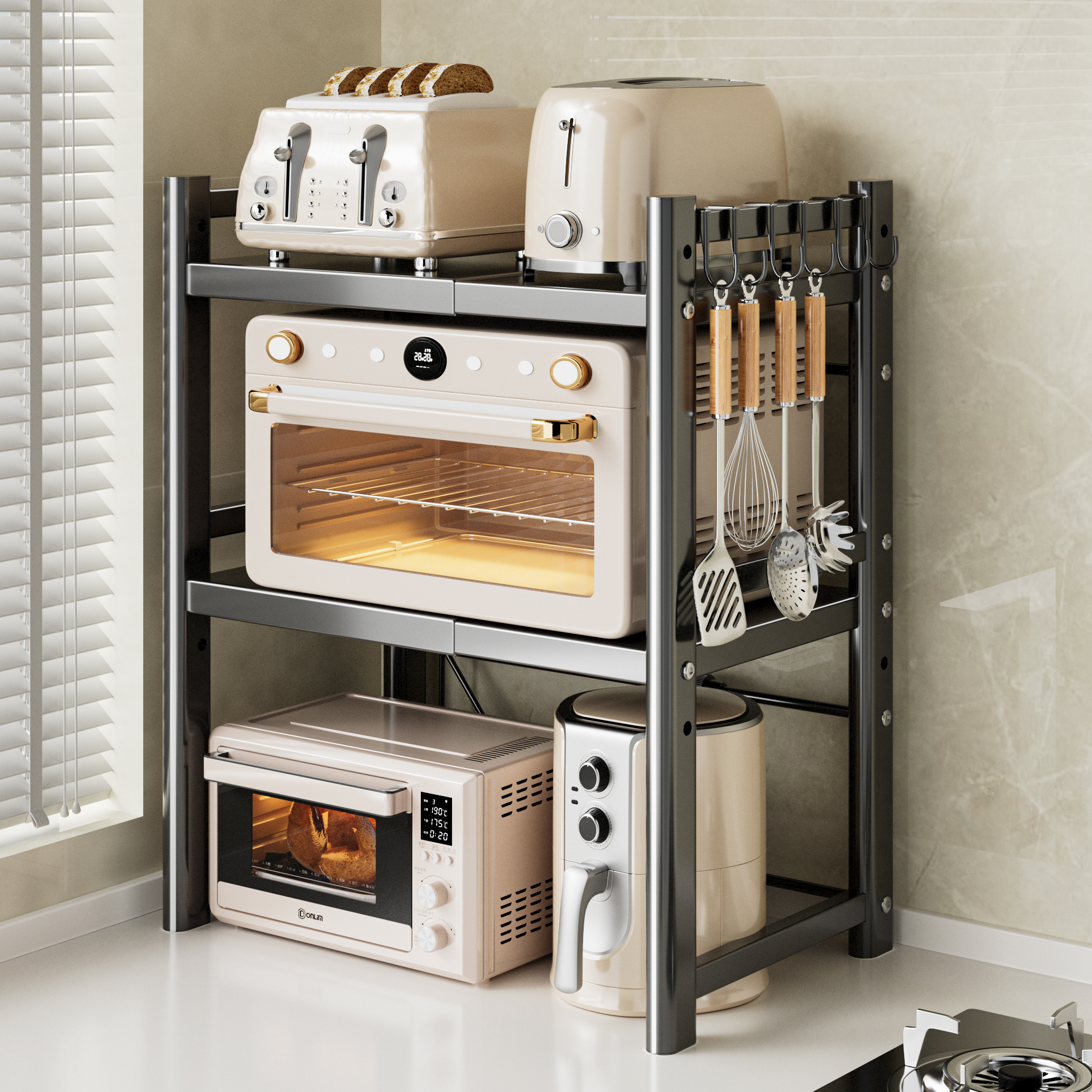 凯虹厨房置物架可伸缩微波炉置物架烤箱收纳层架家用电电锅收纳层