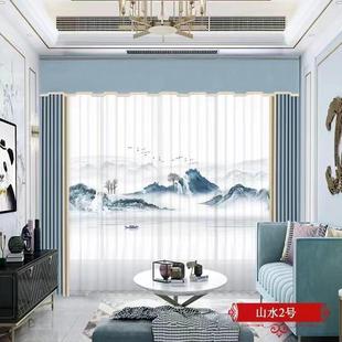 印花窗纱透光不透人防刮防勾丝山水窗纱家用中式 5D数码 挂帘隔断帘