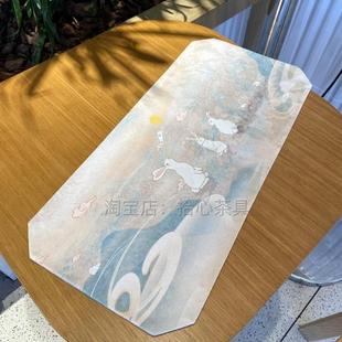 茶席禅意长条垫干泡茶垫家用福垫 玉兔纳福双面防水香云纱布艺中式