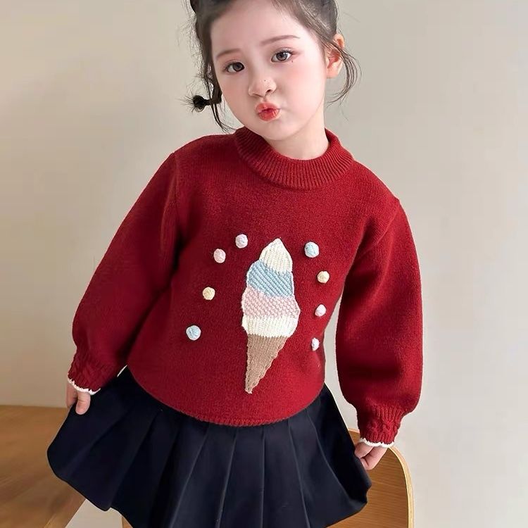 女童毛衣针织打底衫秋冬季2025新款女宝宝加绒加厚红色儿童拜年服