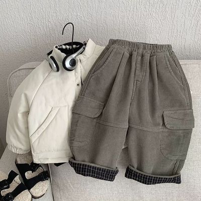 儿童加绒加厚工装裤2025新款冬装加厚保暖长裤男女宝宝灯芯绒裤子