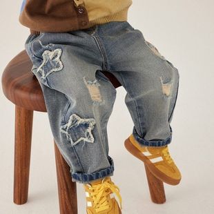 软牛仔小童儿童牛仔长裤男童贴布绣设计休闲复古破洞不褪色牛仔裤