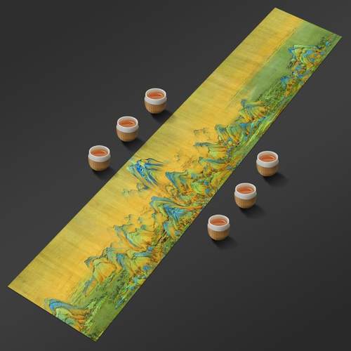 千里江山图茶席中式禅意桌旗茶桌布覆古名画 画防水茶旗长条茶桌