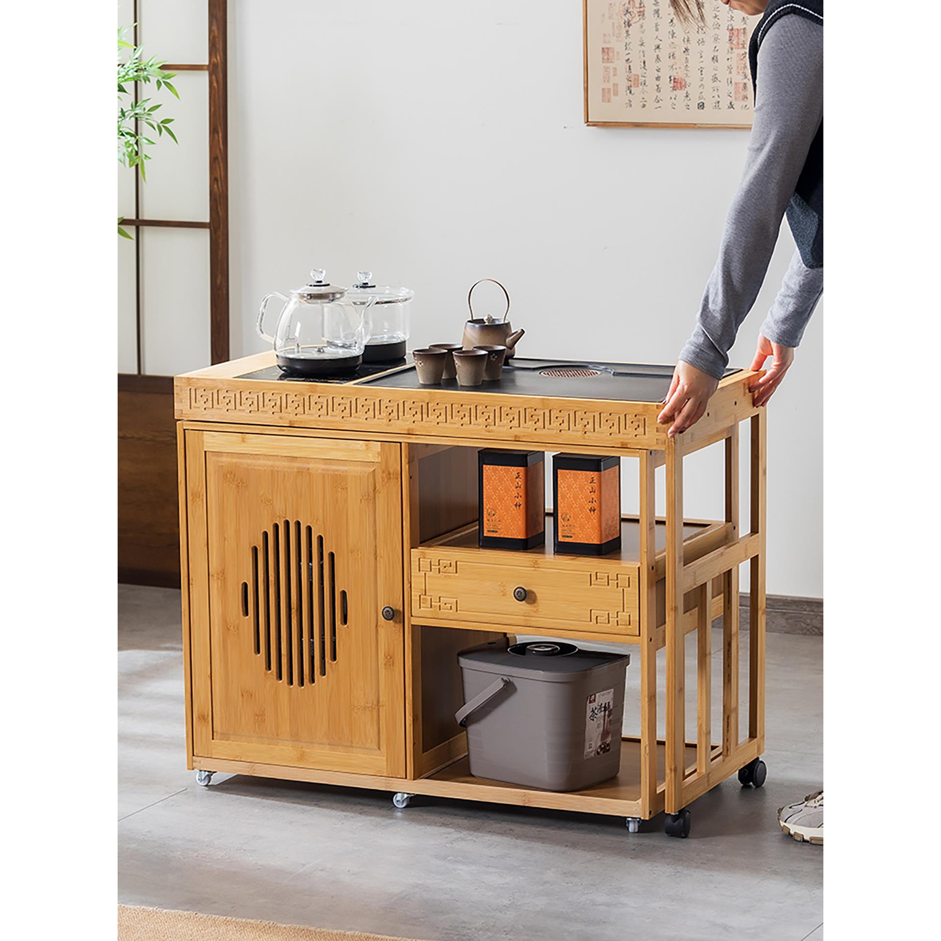 阳台可移动茶台家用茶桌旋转茶水柜子现代带轮茶几网红轻奢小茶车