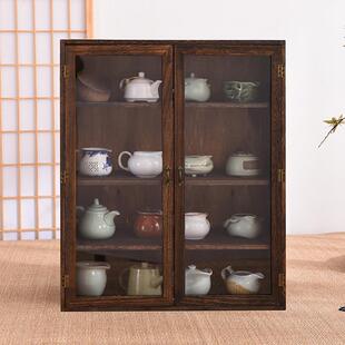 防尘有机玻璃收纳柜家用双开门置物茶具茶壶架 实木茶杯展示柜中式