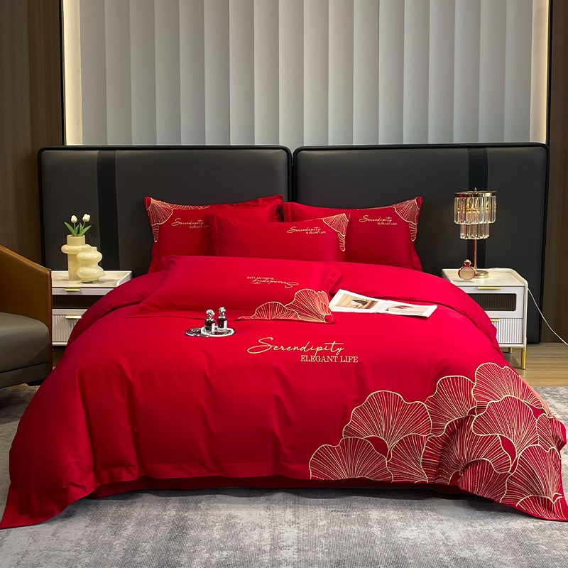 轻奢高级感结婚四件套红色全棉被套床单婚庆床上用品床笠陪嫁