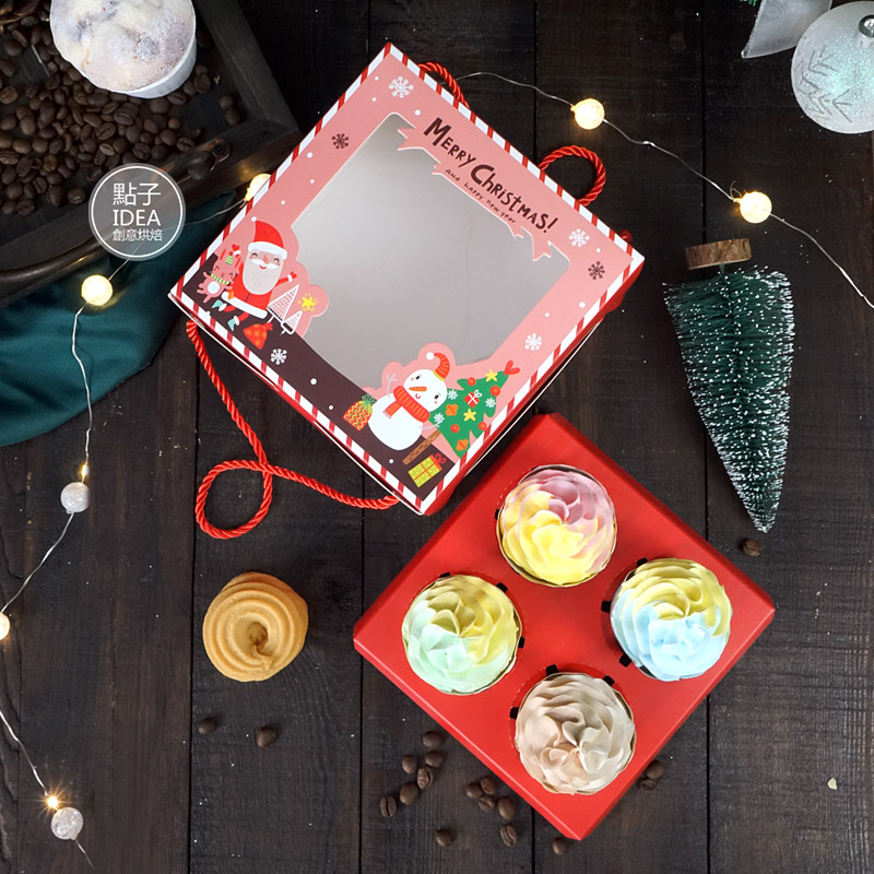 圣诞开窗红色纸杯蛋糕包装盒西点盒4粒布丁马芬杯子蛋糕盒手提盒