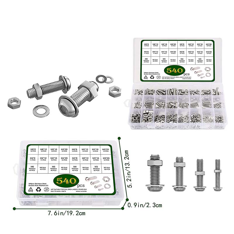 540pcs螺栓和螺母304不锈钢 M3 M4 M5 M6半圆头内六角螺钉组合