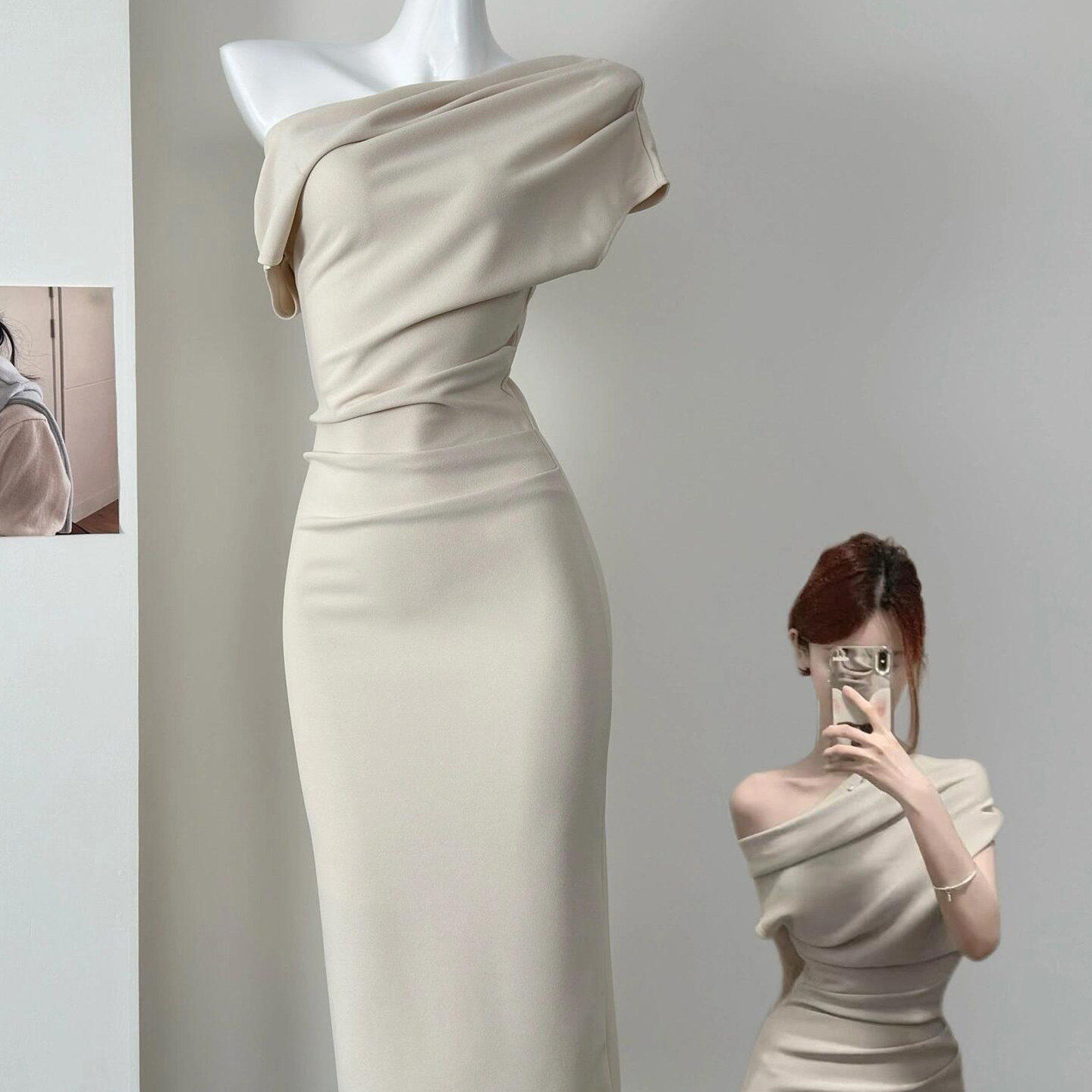 法式一字肩连衣裙2026夏款气质高级感露肩收腰显瘦包臀长裙礼服裙 - 风凉夏旗舰店出品
