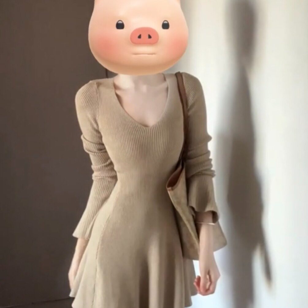 收腰V领针织长袖连衣裙秋冬收腰显瘦韩系穿搭气质感配大衣内搭裙