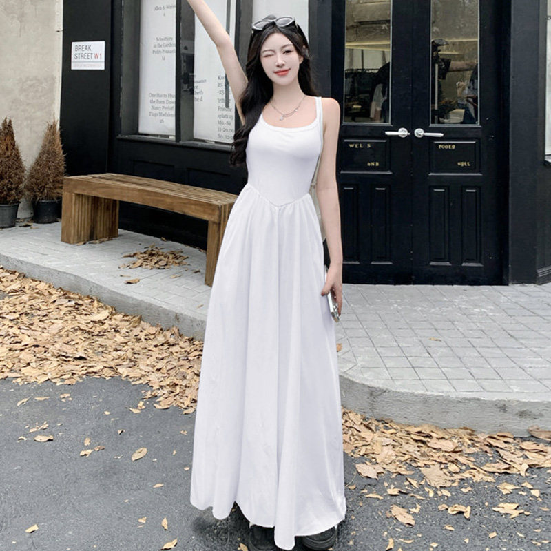 法式白色吊带收腰显瘦连衣裙