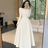 茶歇裙2026新款 白色长袖 连衣裙赫本风法式 春秋冬礼服裙收腰长裙子