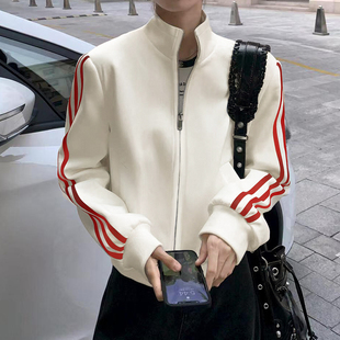 棒球服外套女2025秋冬款 立领加绒三条杠卫衣运动夹克外套上衣 开衫