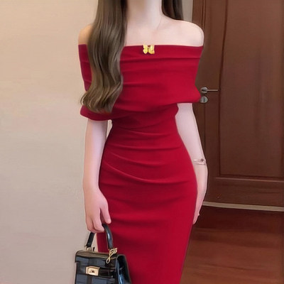 夏季法式一字肩显瘦礼服连衣裙