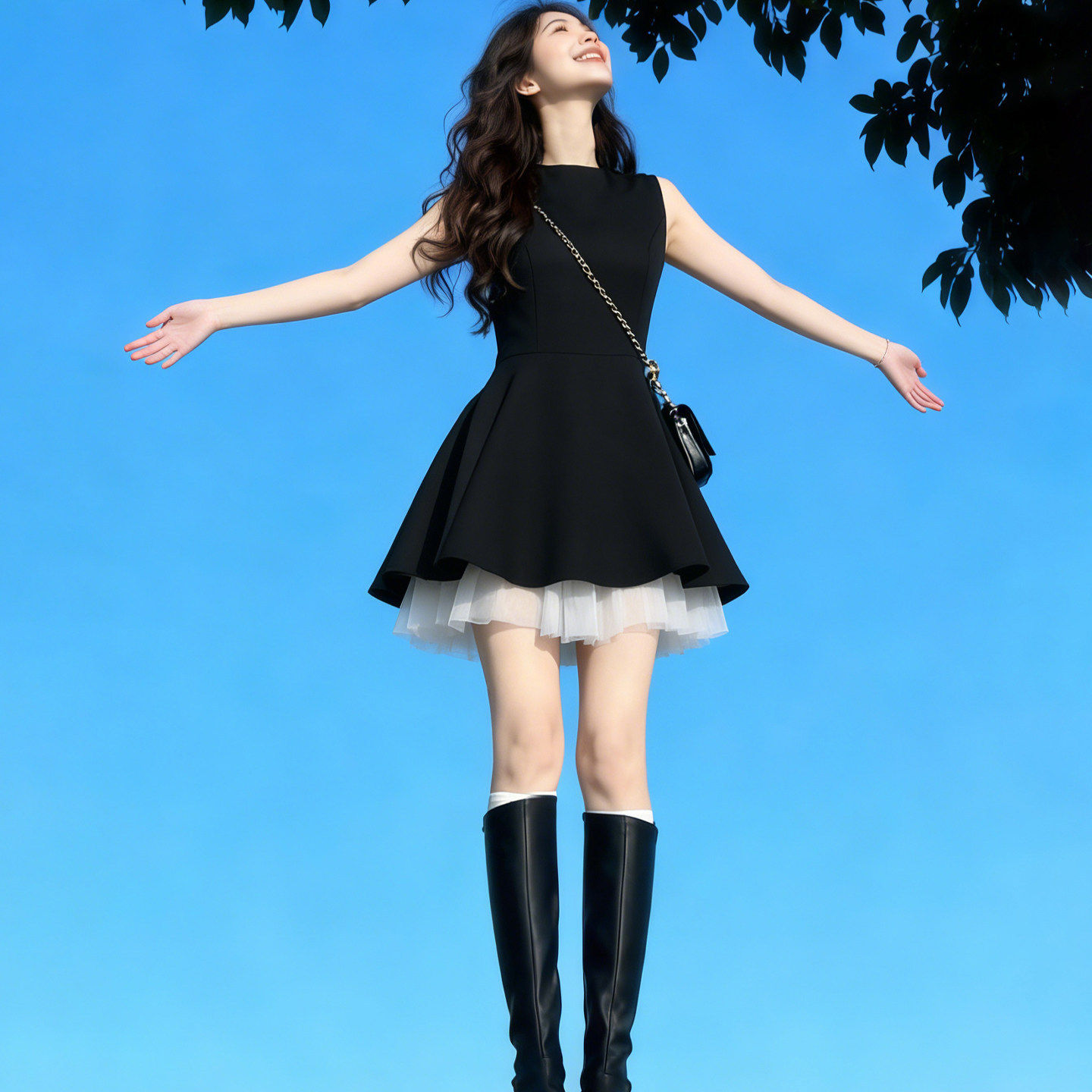千金风黑色无袖连衣裙女2026夏新款修身收腰A字网纱拼接气质短裙