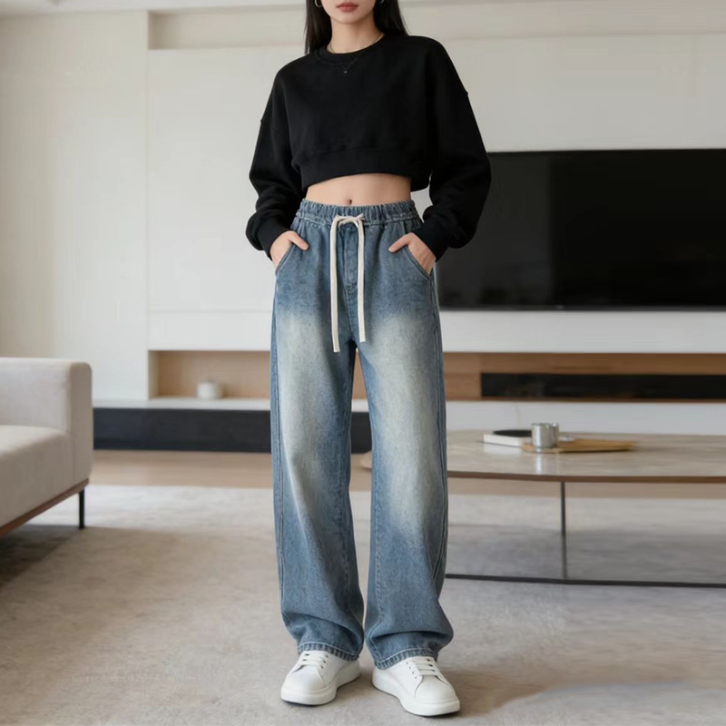 美式复古牛仔裤2026款休闲高腰牛仔裤春季女直筒裤百搭宽松阔腿裤