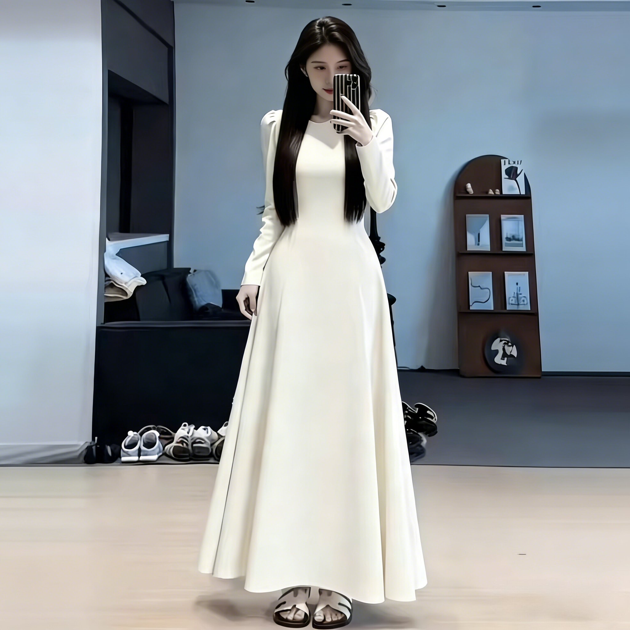 法式赫本风白色长袖连衣裙女2026春夏款高级感礼服裙气质收腰长裙