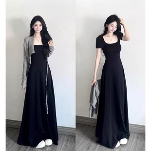 黑色加长款法式赫本风高级感收腰连衣裙纯欲显瘦气质高个子长裙子