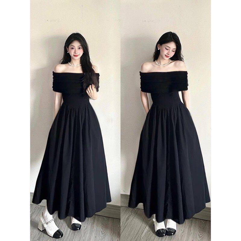 黑色一字肩连衣裙2026新款赫本风巨显身材收腰长裙高级感礼服裙子