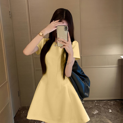 夏季法式黄色短袖小个子收腰礼服