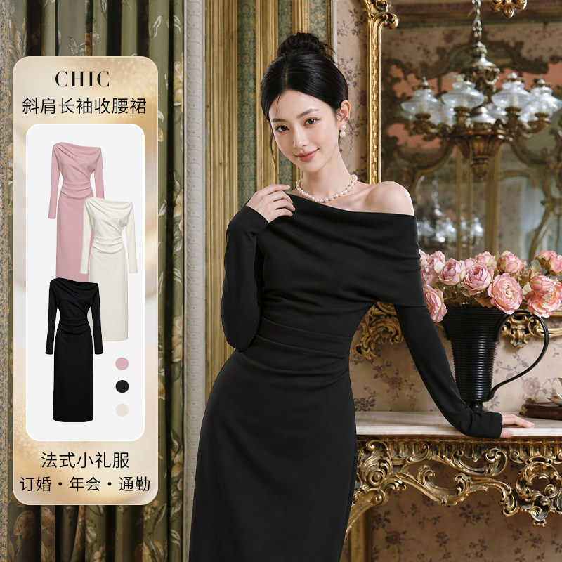 法式斜肩修身显瘦收腰礼服连衣裙