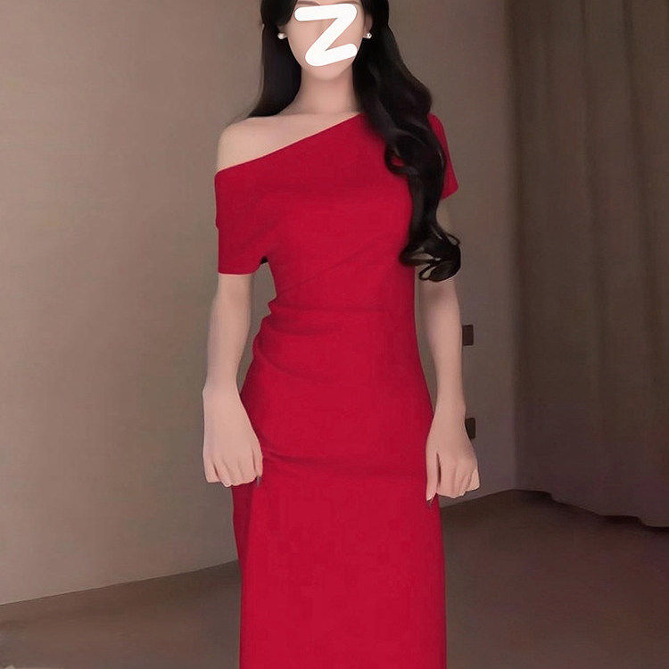 夏季法式红色荡领收腰礼服长裙