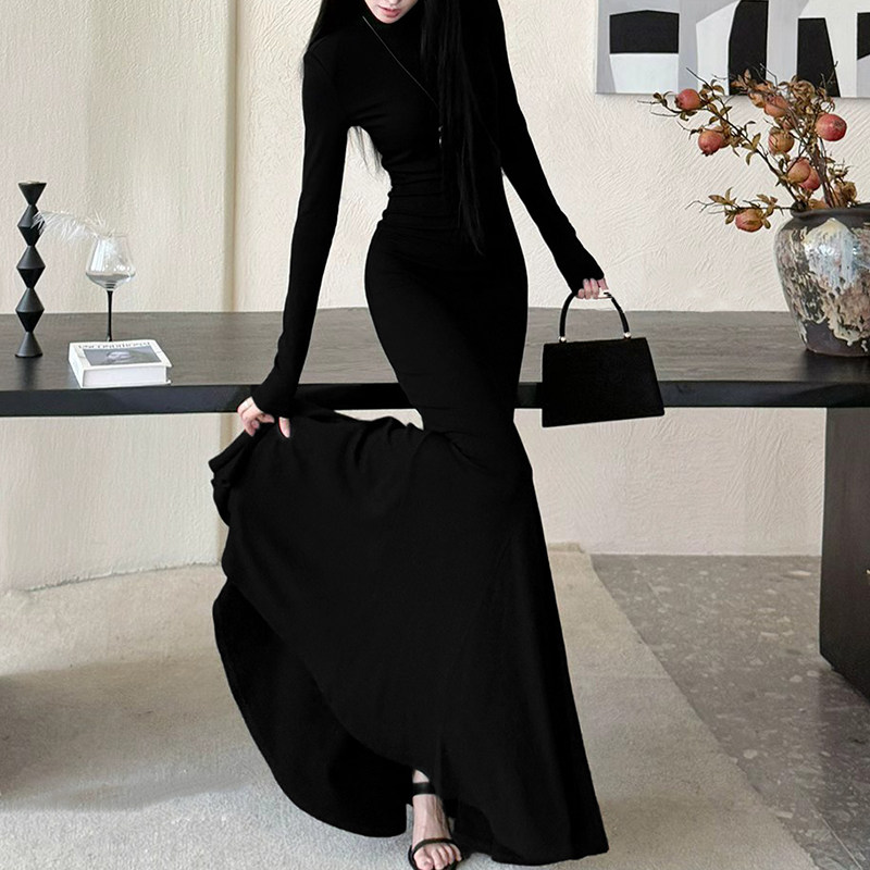 黑色长袖连衣裙女步步生莲高领鱼尾包臀裙收腰显瘦气质穿搭长裙子
