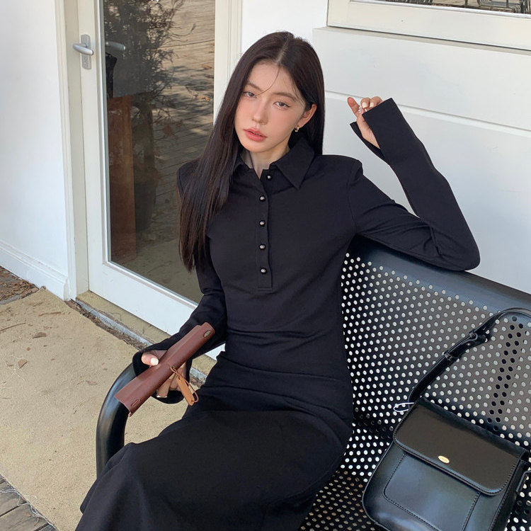 法式黑色衬衫内搭连衣裙女秋冬2026新款长袖收腰修身显瘦气质长裙