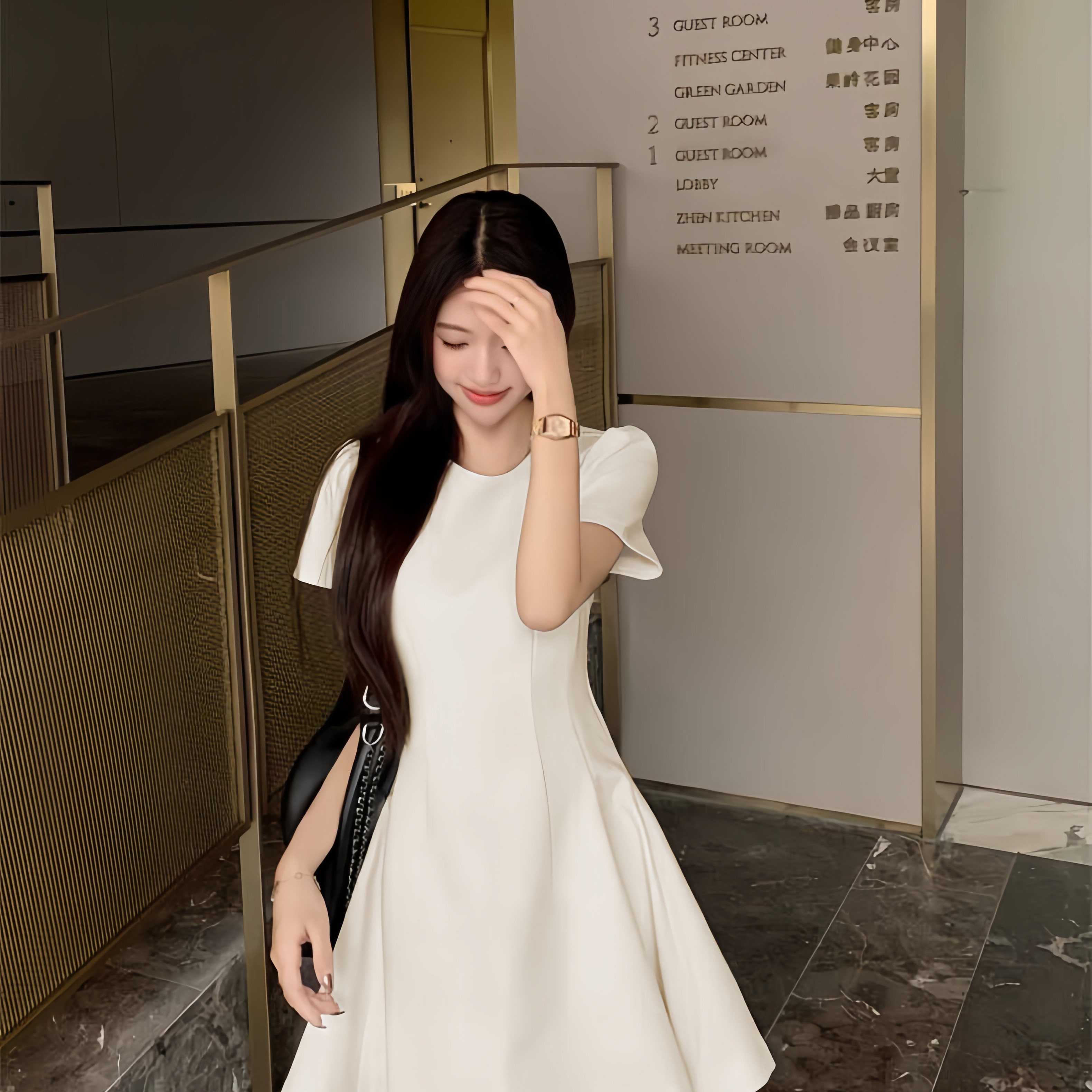 法式优雅风杏色短袖连衣裙女2026夏款收腰显瘦小个子高级感礼服裙