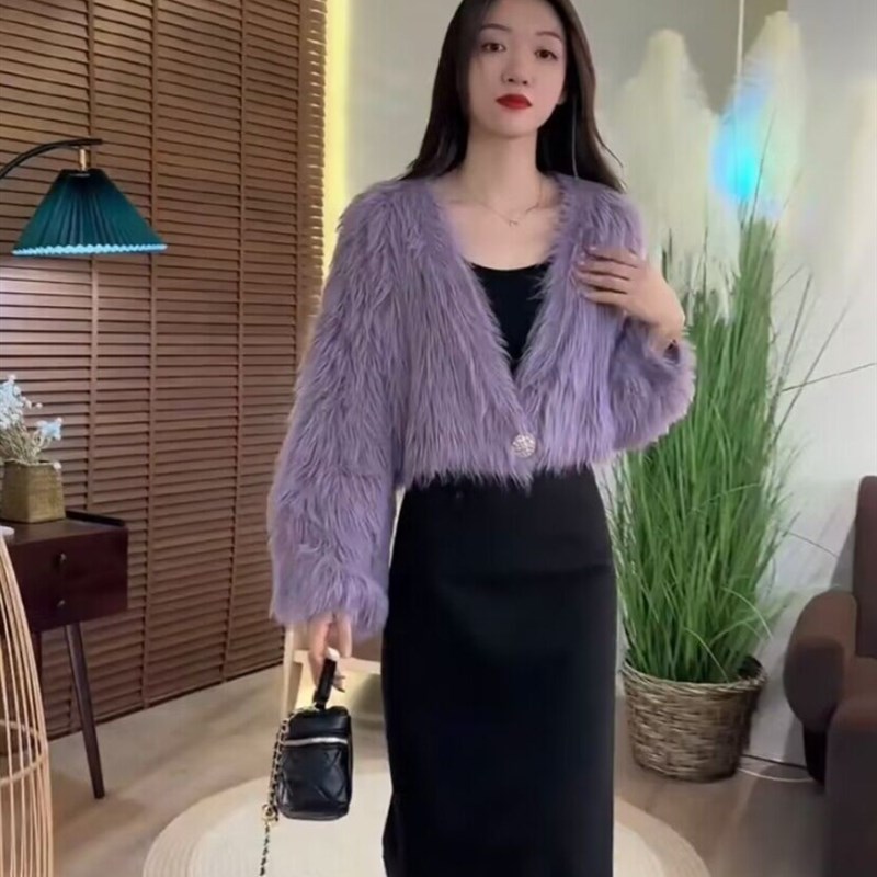 气质毛毛短外套女2023秋冬新款毛茸茸百搭仿貂毛V领针织开衫上衣