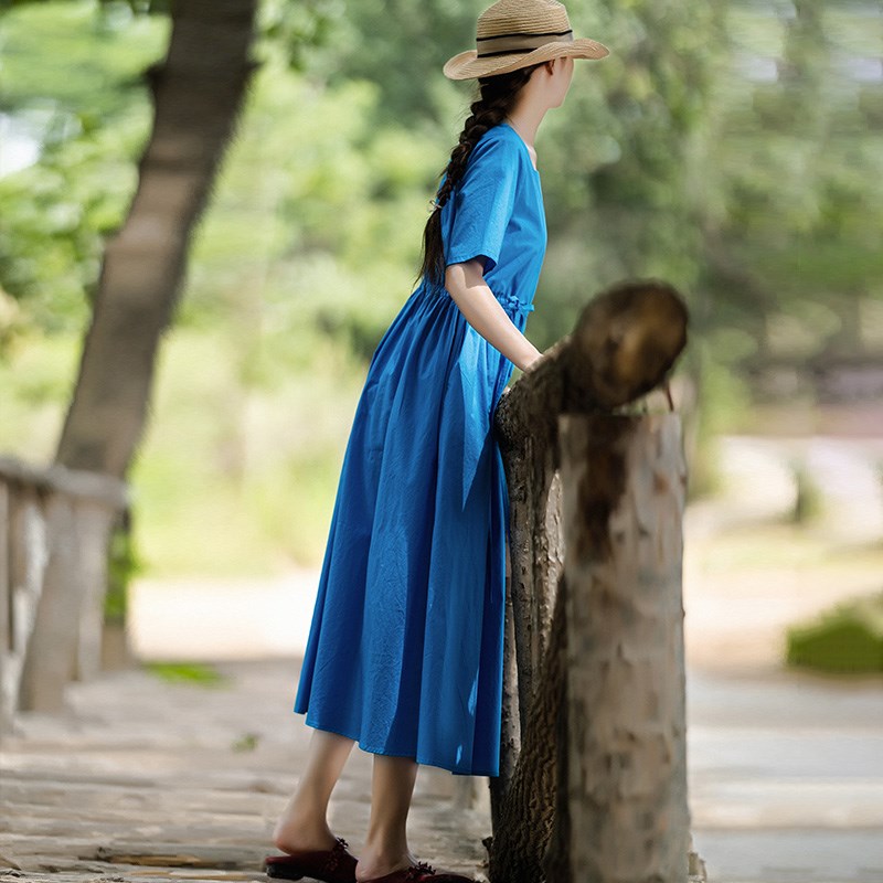 【炽夏欢时】方领连衣裙女夏高级感2024新款纯棉气质长裙宽松裙子