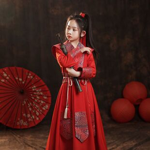 儿童汉服春秋古装中国风唐装古风女童汉服连衣裙霸气侠女演出服夏