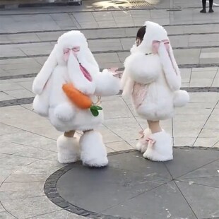 可爱女童毛绒兔子套装宝宝冬装加绒儿童洋气两件套外套新款加厚