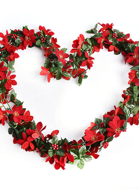 圣诞节装饰用品红色圣诞花编织藤条160CM长红花串条圣诞道具1.6米