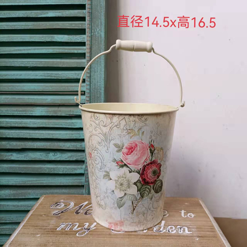 欧式复古做旧贴纸绿植花卉田园提手干花铁皮桶垂吊铁艺花盆花桶