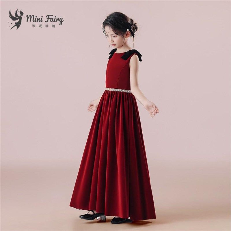 新款女童艺考小礼服红色钢琴演出服长裙高端小提琴演奏表演公主裙
