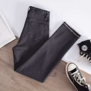 秋冬新款加绒烟灰色直筒牛仔裤子女高腰宽松显瘦八九分烟管长裤厚