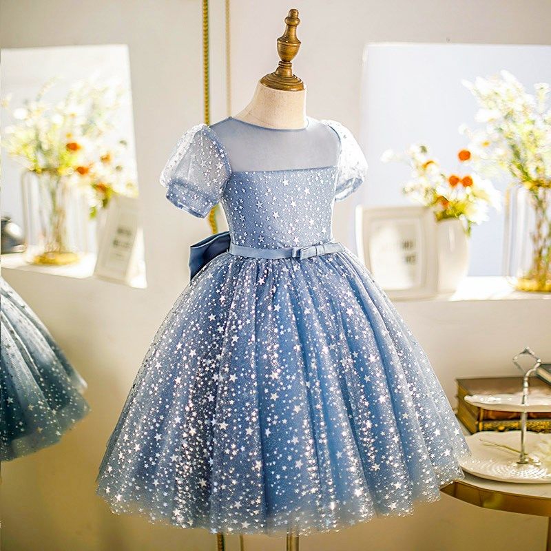 女童蓝色礼服儿童钢琴演奏演出服公主裙小女孩生日花童婚礼晚礼服