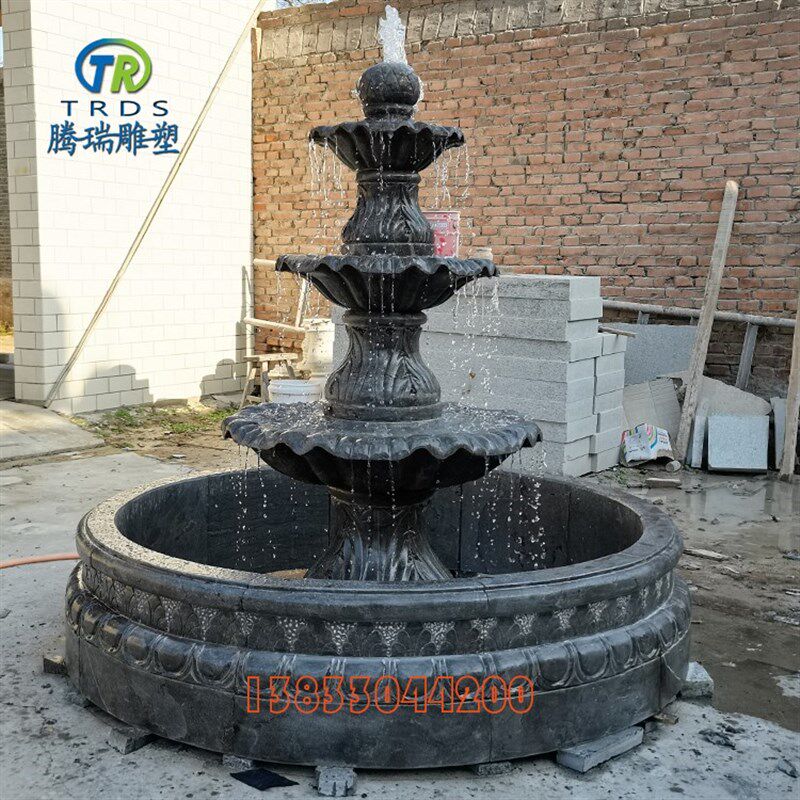 石雕喷泉青石材水钵景观摆件室内外石头流水欧式装饰大理石水池子