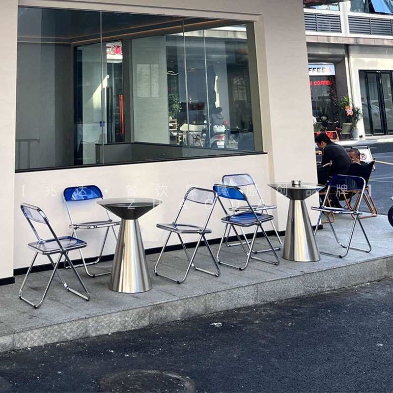 轻奢奶茶桌不锈钢工业风户外桌椅咖啡厅小圆桌圆形茶几餐桌椅组合