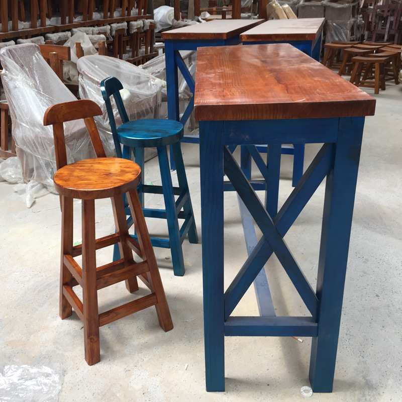 美式乡村风格收银台椅实木酒吧椅吧凳咖啡餐椅吧台椅原木风餐桌